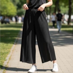 Black Wide-Leg Pleated Chiffon Pants